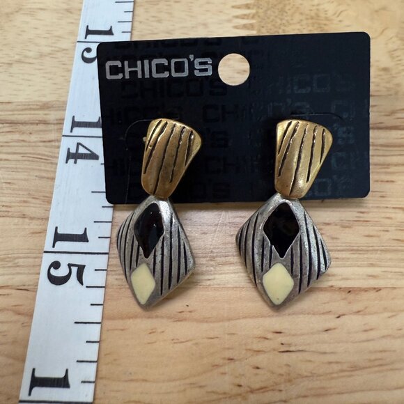 Chicos Hypo-Allergenic Geometric Pierced Earrings Gold & Silver With Black & Cre - Picture 4 of 4
